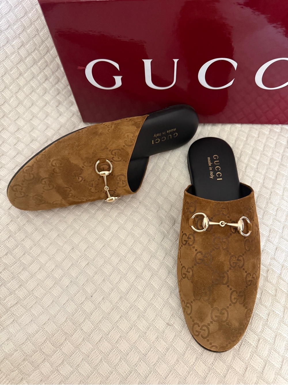 Gucci Tan Suede Horsebit Backless Loafers